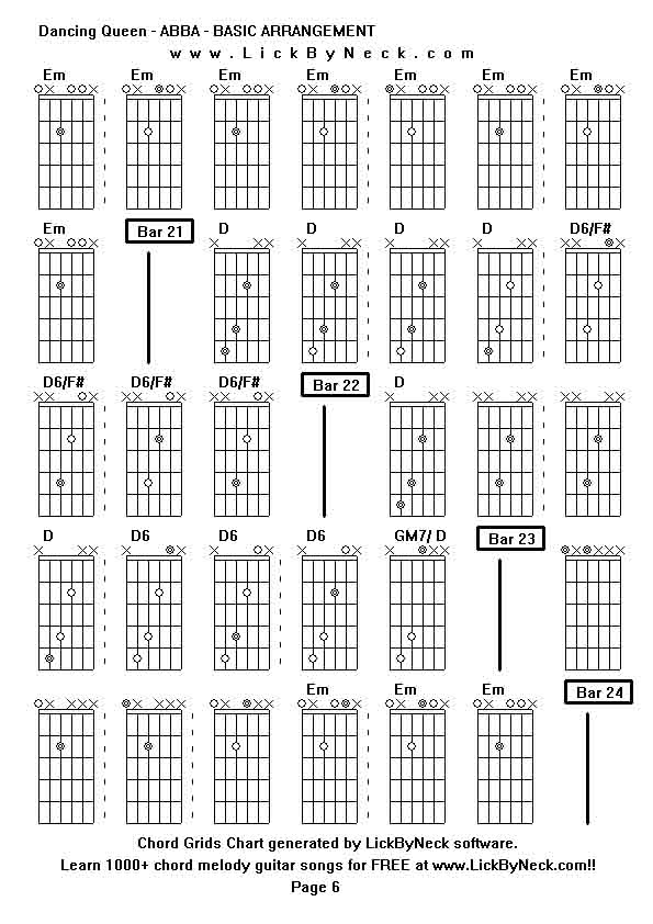 Chord Grids Chart of chord melody fingerstyle guitar song-Dancing Queen - ABBA - BASIC ARRANGEMENT,generated by LickByNeck software.